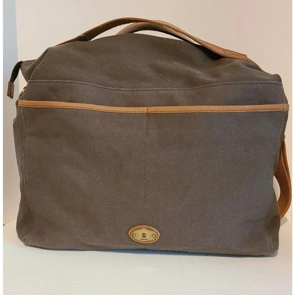 FOSSIL DUFFEL 1954 LONG LIVE VINTAGE LEATHER GREEN CANVAS MILITARY STYLE BAG LG - Picture 5 of 16